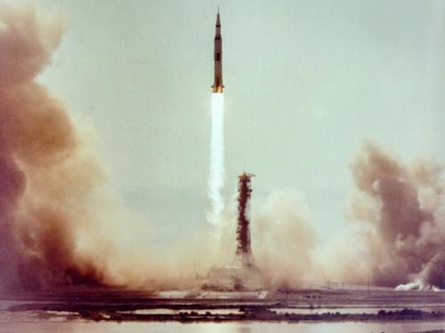Wide shot of Apollo 11 launch. 