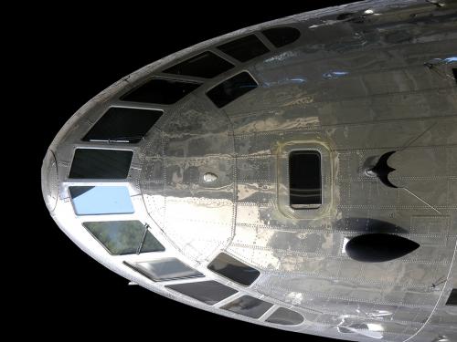Top view of cockpit and nose of a commercial airplane. 