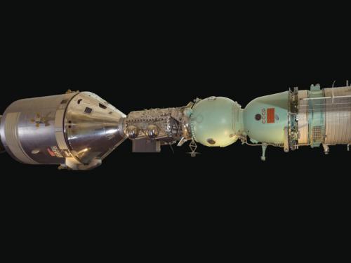 View of a American spacecraft attached to a Soviet Soyuz spacecraft.  