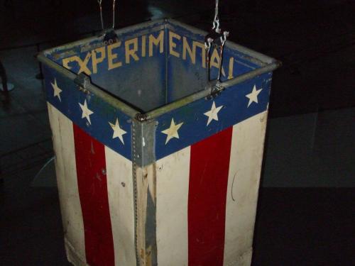 Red, white and blue metal balloon basket flown at a centennial commemoration of John Wise's Jupiter balloon flight