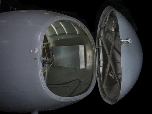 View of an open nose of an airplane. 