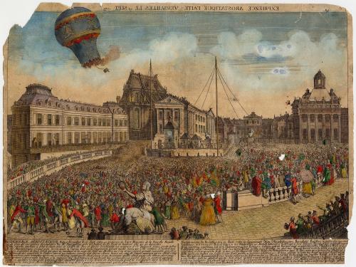 Colored artwork on paper showing a crowd watching a balloon craft fly in the air.