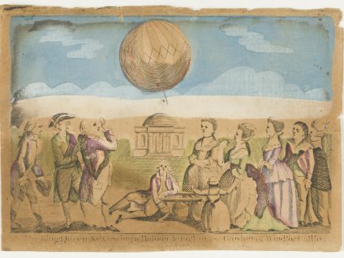 Historical illustration depicting a group of people watching a balloon fly. The spectators are elegantly dressed.