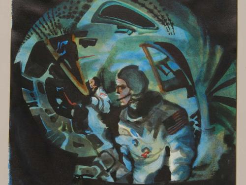 Ink painting of two astronauts training inside a lunar module simulator. Under the painting, the painter labels the astronauts as belonging to the Apollo program.