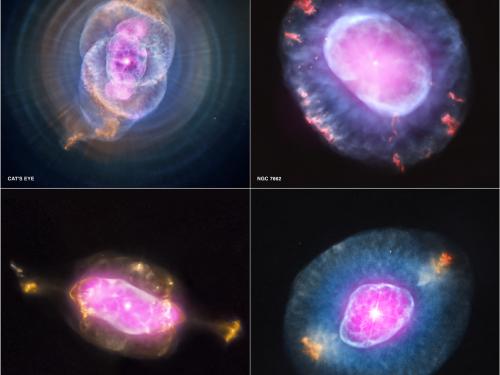 A set of four images of a planetary nebula, which is a blue, purple, pink, and yellow celestial body.