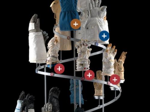 Screenshot of an interactive activity featuring a helix display of various space gloves.