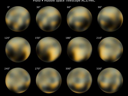 A set of different angles of Pluto from the perpsective of the Hubble Space Telescope. Each angle is taken thirty degrees apart, meaning some features of Pluto are visible from certain angles while others are not.