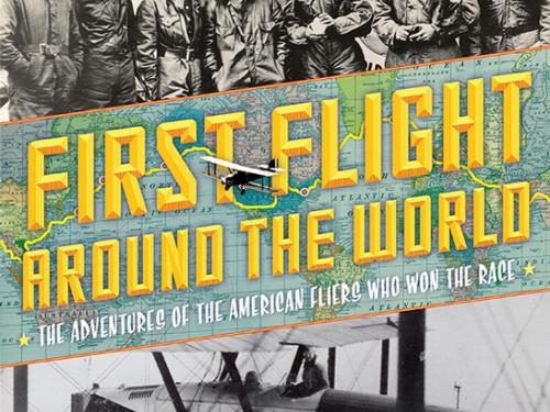 A book cover about the first around the world flight featuring pictures of an aircraft and a group of aviators who participated in the flight.