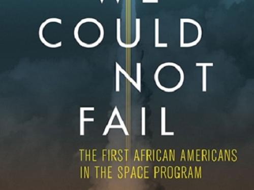 Book cover for a book discussing the first African-Americans in NASA's space program, with an icon-style portrait of each African-American below a stylized rocket entering space.