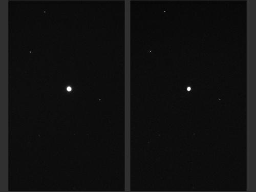 Two views of a white star in an otherwise mostly black sky. The white star in the left view image is at full brightness, whereas the right view shows the star at one third of its full brightness.