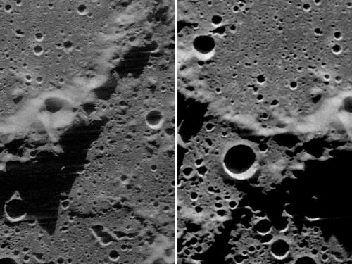 Two radar views of the same area of the Moon. The left view shows less prominent shadows compared to the right view.