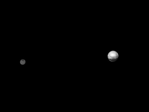 Disc perspective of Pluto, on the right, and Charon, a moon of Pluto, on the left.