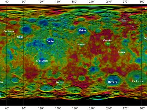 Multi-colored map of Ceres showing the topography of the dwarf planet. Blue represents the lowest points on the planet whereas the highest points are represented in white.