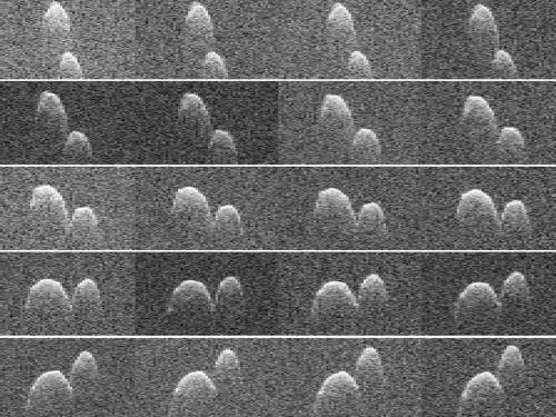 A set of 30 different radar perspectives of a peanut-shaped asteroid during its closest approach to Earth.