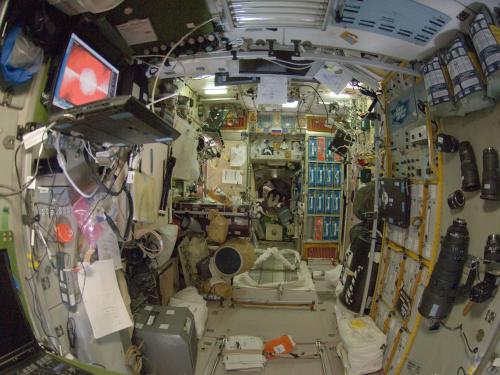 Interior view of a module that is part of the International Space Station.