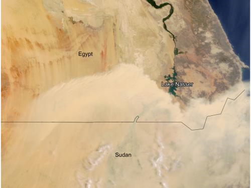 Satellite view of the deserts of southern Egypt and northern Sudan, where a dust storm is visible on the satellite.