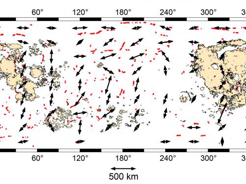 Map showcasing a specific type of fault scarps, or fault lines where surfaces have risen or sunk, on the Moon. Red lines indicate the fault scarps.