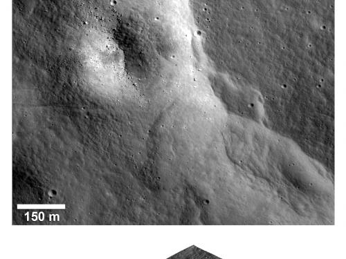 Two views of a large fault line of land rising on the Moon known as a fault scarp. The top view shows the downward-facing satellite view while the bottom view shows the perspective of what humans would see if they were on the Moon, looking at the fault scarp.