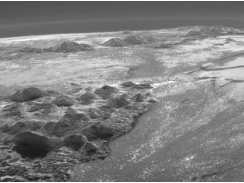 Close-up view of part of Pluto's icy, terrestial surface.