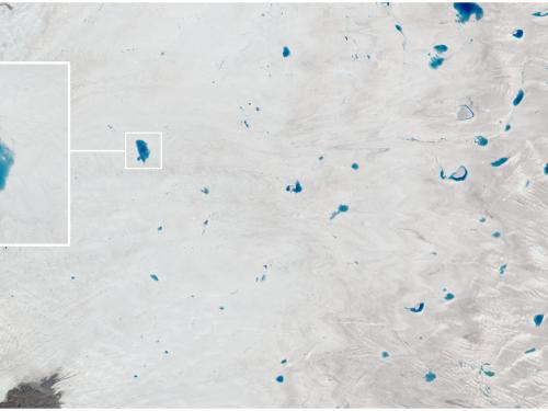 Satellite view of the Greenland ice sheet, where lakes of ice water have begun appearing. A panel shows a close-up view of one lake.