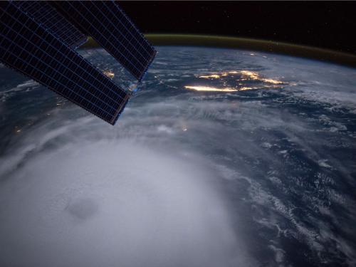 Satellite-style, nighttime view of a large hurricane in the Atlantic Ocean.