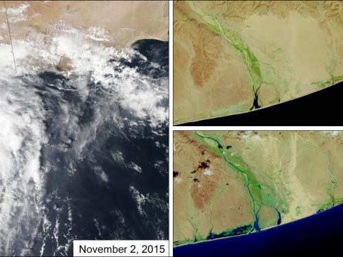 Three satellite perspectivess of the Arab Peninsula and the coast of Yemen prior, during, and after Cyclone Chapala made landfall. The left view shows the landfall of the tropical cyclone, while the view on the top right shows the coast prior to landfall and the bottom right view shows the coast following landfall. The after landfall view shows many areas of standing or flowing waters not seen prior to landfall.