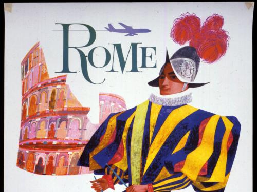 Early-1960s poster promoting traveling to Rome. The poster features a person in yellow, red, and blue Swiss Guard gear in front of the Vatican. The poster also features the Roman Coliseum 