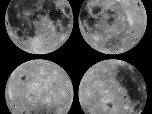 Four disk views of different areas of the Moon, with the disk views seen at the highest point of brightness on the Moon. Darker areas represent basalt rock.