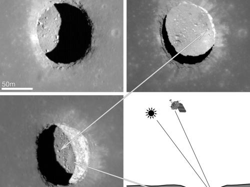 Different perspectives of a opening on the Moon's surface that leads to a subsurface cave.