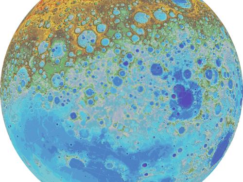 Topography map of the Moon with the North Pole in the center, as colored in mostly light blue. Orange and red colors represent the nearby farlands 