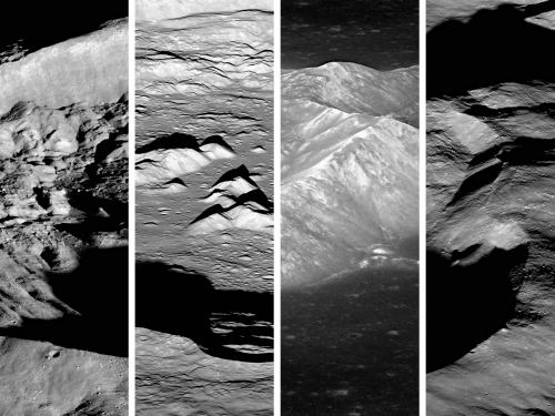 Four different perspectives of mountain formations on the Moon.