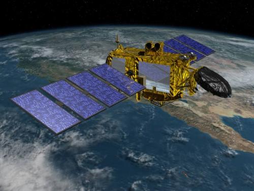 Artist concept of satellite orbiting Earth with gold-covered rectangular prism base and four solar panels apiece on two sides.