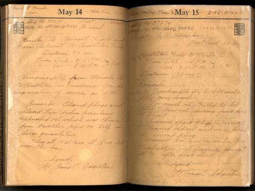 Two pages of a logbook featuring the experiences of pilot James Edgerton during the first mail flight.