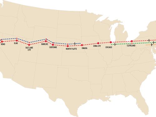 Map of the United States with four separate dotted lines representing four attempts of the first air mail flight between the East Coast and West Coast of the United States. Only one line, the red dotted line, shows a successful air mail flight between both coasts.