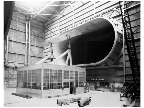 Frontal view of a wind tunnel that could fit whole planes due to its size.