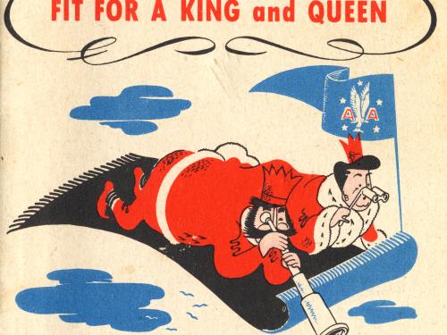 Brochure cover for an international airline with a magic carpet transporting a king and queen across the Atlantic Ocean.