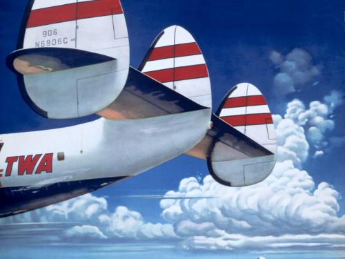 Promotional poster with rear view of three-fin tail with red and white Trans World Airlines livery. Another Trans World Livery plane is in the background and an ocean is nearby. "Fly the Finest..." is above the plane in the foreground in white text.