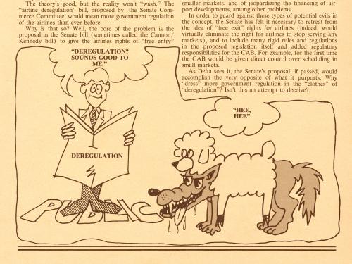 Single-page article discussing airline deregulation and why it should be banned. Below the article, there is a comic of a wolf in sheep's clothing tormenting a human representing the public.