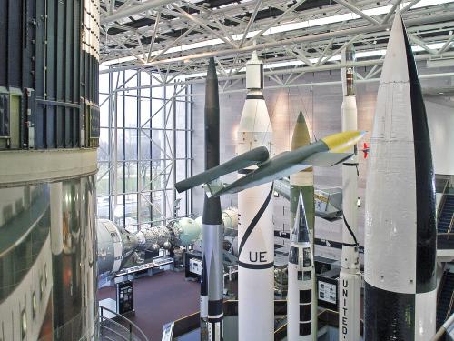 Several rockets are seen from above, looking down into the Space Race gallery.