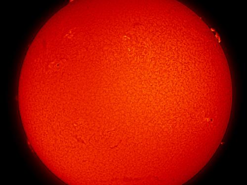 Disk view of the Sun with multiple sunspot clusters and filaments and prominences of plasma floating away from the surface of the Sun.