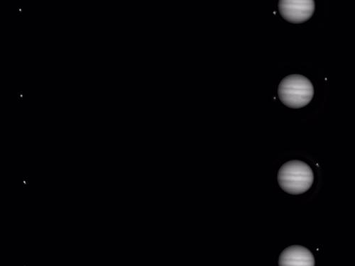 A set of images of Jupiter and three of its moons.