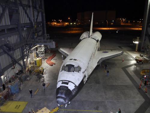 The Space Shuttle Discovery is moved out of the vehicle assembly building prior to its transport to the Udvar-Hazy Center.