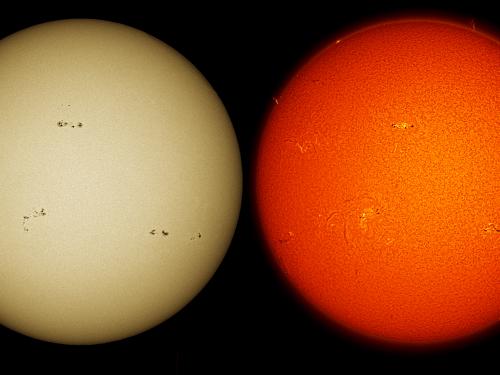 Two images of the sun using different telescopes but taken during the same day. The left image provides a yellow-colored disk with multiple sunspot clusters visible. The second image features a red-orange disk with multiple sunspots and prominences above the chromosphere.