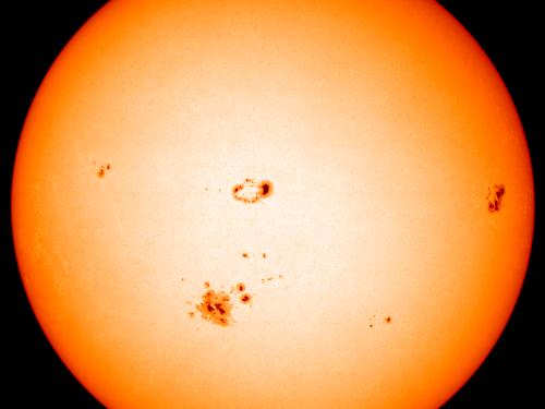 Disk view of the Sun's surface with multiple sunspots and sunspot groups visible as darker spots.