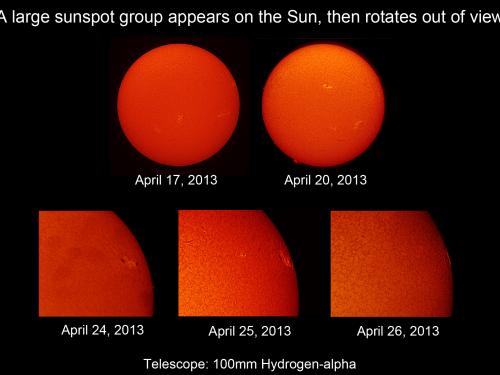 A set of five disk images of the Sun with two being full images and three being partial images. The images are tracking a sunspot group on the Sun.