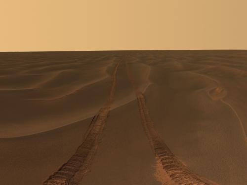 An area of Mars consisting solely of sand dunes. River tracks can be seen into the horizon.