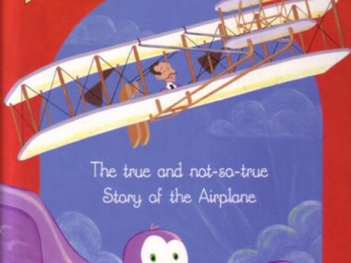 Book cover for a children's book about the Wright Brothers creating the first airplane with an illustration of a biplane in the sky above a purple bird.