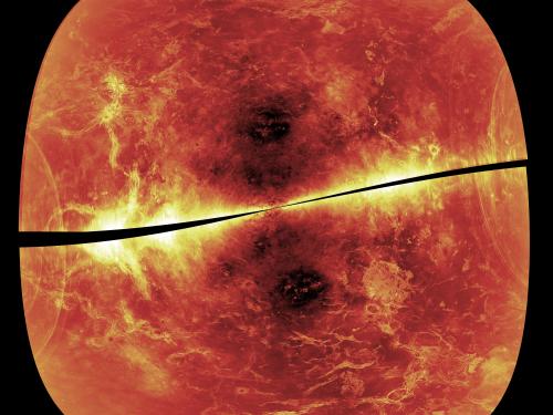 A radar-viewed map of Venus focusing on one hemisphere of the planet. Darker spots represent smoother areas on the planet whereas lighter spots represent very rough areas of the surface.