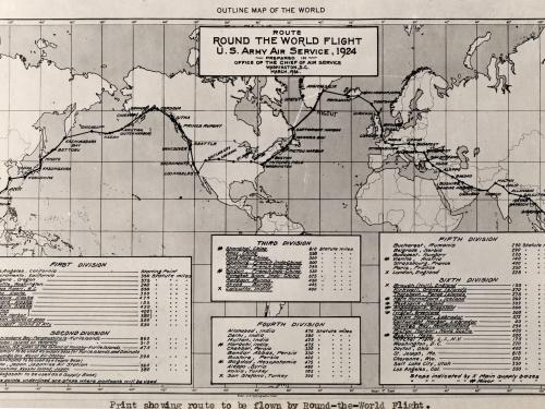 A map of the world featuring a drawn and labeled path of the World Flight.