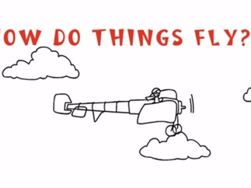 A graphic used at the Museum featuring a plane flying in the sky and red lettering above the plane asking: "How do things fly?"